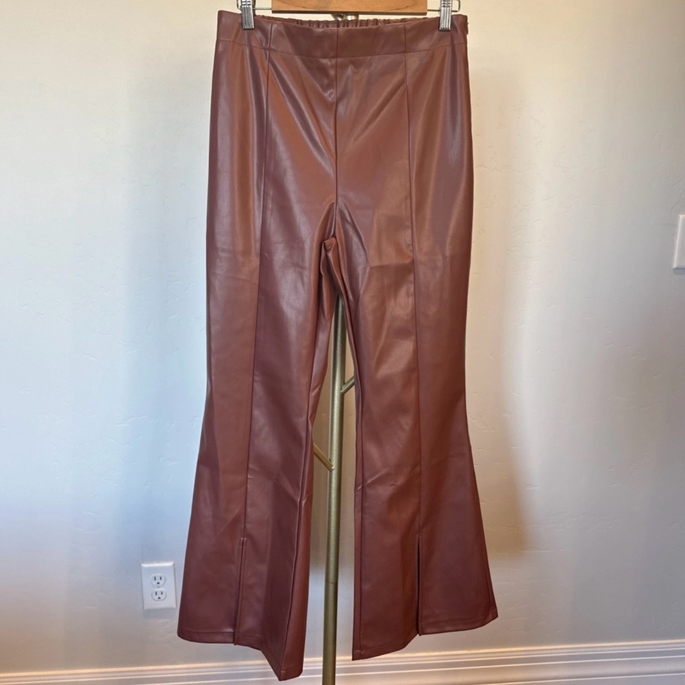 Faux Brown Leather Elastic Waist Split Seam Pull-on Pants, Size Large, Side Zip